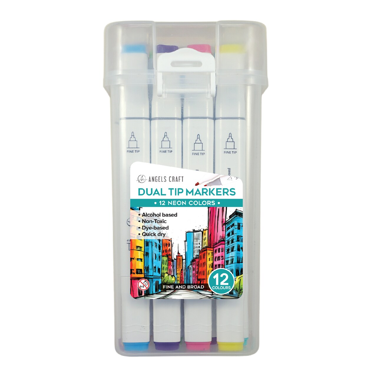 Angels Craft 12-Piece Set of Alcohol Dual Tip Markers Includes Reusable Plastic Storage Case